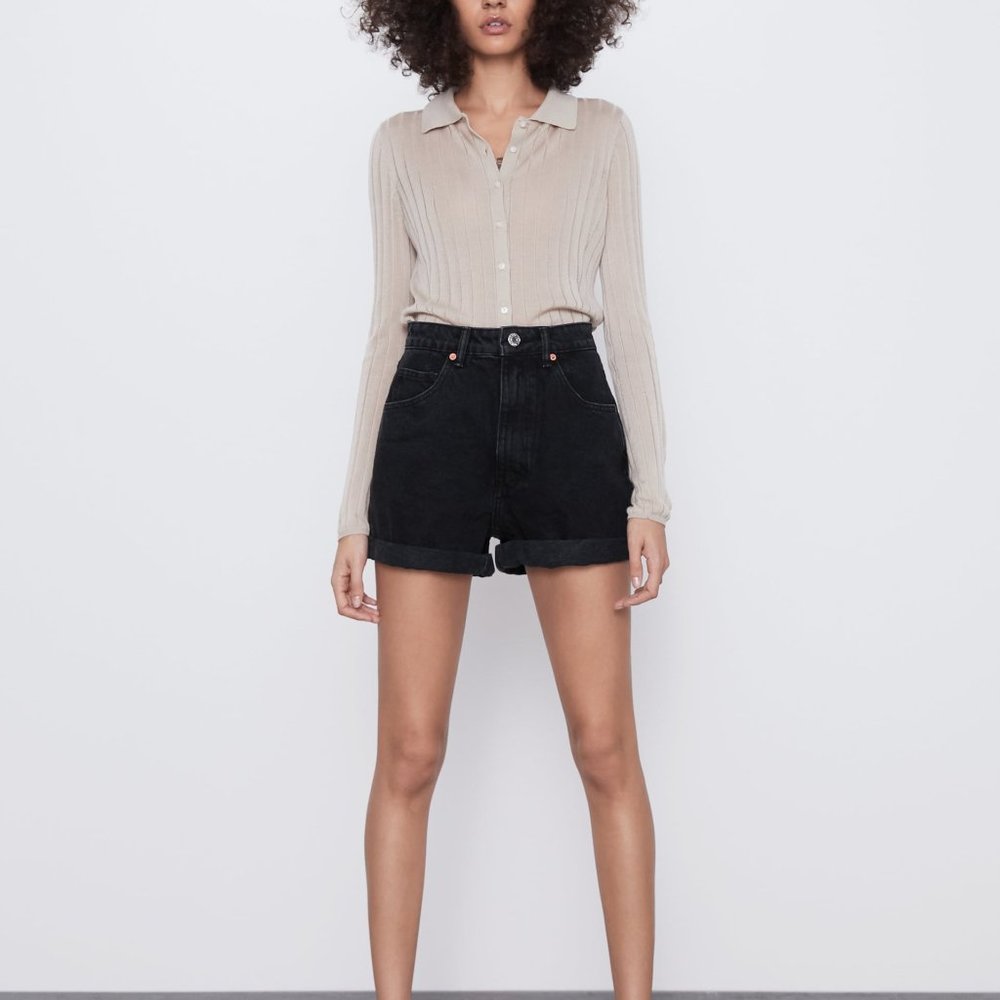 ZARA Charcoal Grey Black Denim Mom Fit Shorts